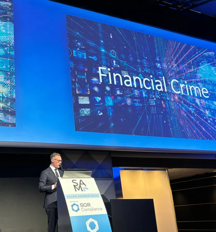 Marco Beranzoni speaking on financial crime at the Salone Antiriciclaggio in Milan